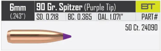 Geschosse Nosler Ballistic Tip Hunting 6mm, dia .243, 90grs