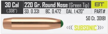 Geschosse Nosler Ballistic Tip Hunting SUBSONIC .30 cal, dia .308, 220grs