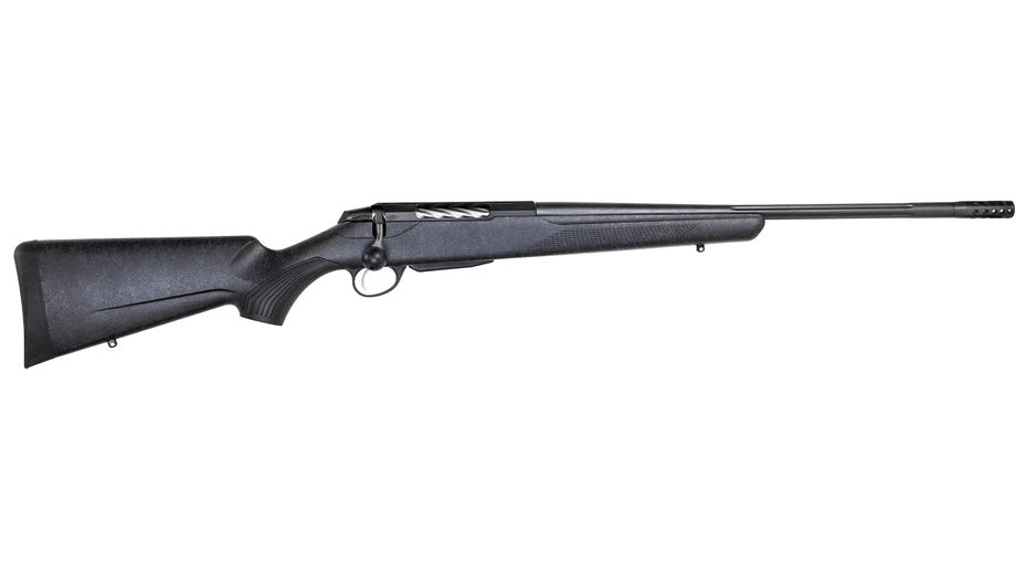TIKKA T3x LITE ROUGHTECH BLACK .223 Rem., schwarz, Lauflänge 22,4" kanneliert mit Mündungsbremse, Verschluss kanneliert, Drall 8", Direktabzug, 3 Schuss, schwarzer Synthetikschaft mit weißem Dekor, ohne Visierung, MG 5/8"-24